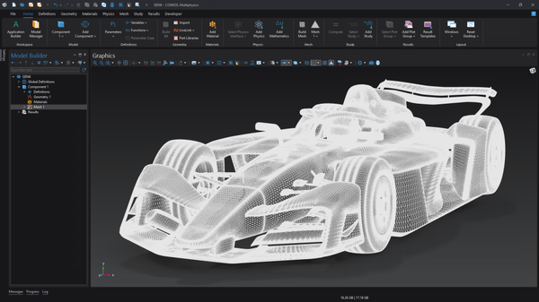 The COMSOL Multiphysics UI showing the Model Builder with the Mesh 1 selected and a mesh of the GEN4 Formula E car in the Graphics window.